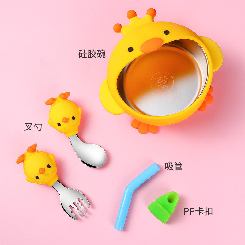 Children&#039;s Silicone Bowl Set Cartoon Baby Rice Bowl Spork Chopsticks Complementary Food with Straw Training Tableware Wholesale