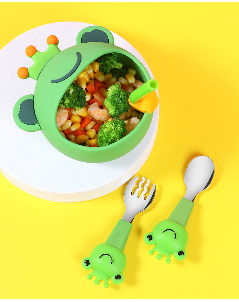 Children's Silicone Bowl Set Cartoon Baby Rice Bowl Spork Chopsticks Complementary Food with Straw Training Tableware Wholesale