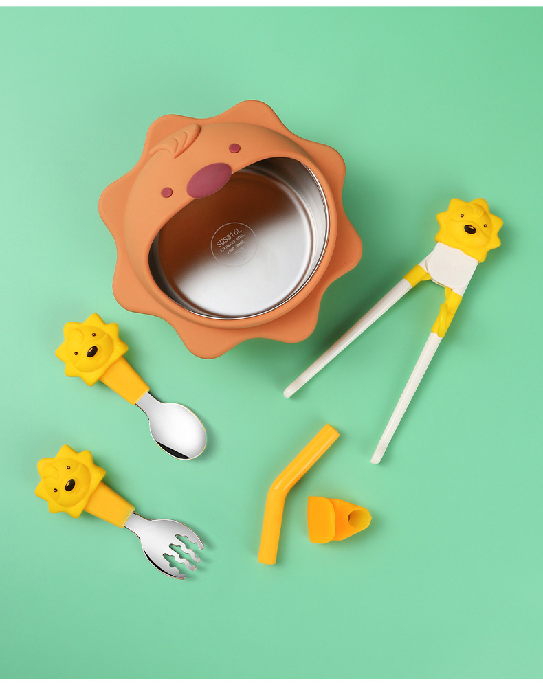 Children's Silicone Bowl Set Cartoon Baby Rice Bowl Spork Chopsticks Complementary Food with Straw Training Tableware Wholesale