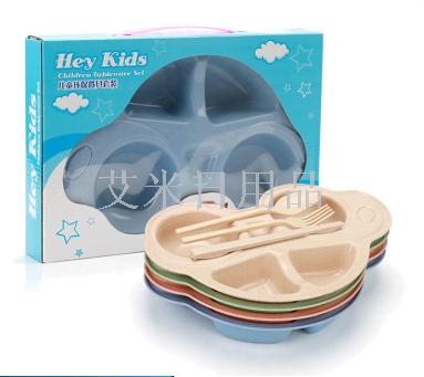 FK- cartoon car four sets of wheat straw children&#039;s tableware set cartoon car divided tray fruit tray