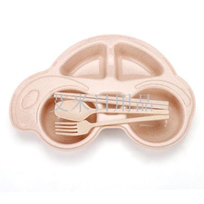 FK- cartoon car four sets of wheat straw children&#039;s tableware set cartoon car divided tray fruit tray