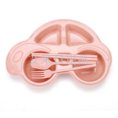 FK- cartoon car four sets of wheat straw children&#039;s tableware set cartoon car divided tray fruit tray