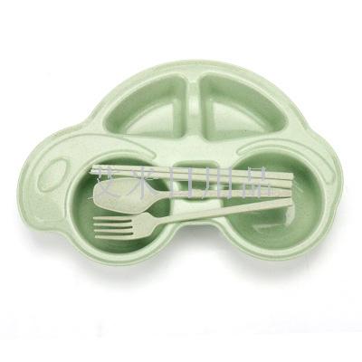 FK- cartoon car four sets of wheat straw children&#039;s tableware set cartoon car divided tray fruit tray