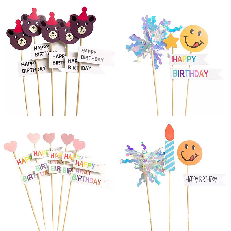 Cake Decoration Smiley Face Decorative Flag Bear Plug-in Cartoon Candle Rain Screen Red Children Birthday Tricorne Cardboard