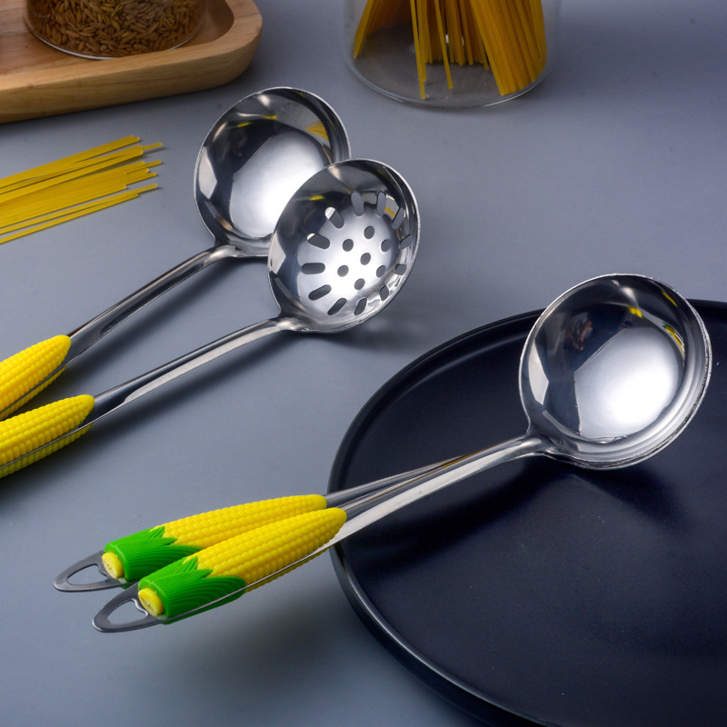 Steely Corn Stainless Steel Soup Ladle Soup Ladle Colander Porridge Spoon Anti-Scald Handle Spoon Hot Pot Restaurant Thickened Multi-Purpose Spoon