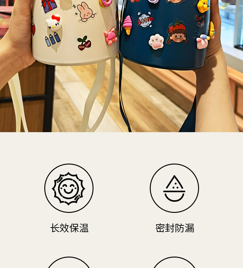New 304 Stainless Steel Large Capacity Big Belly Cup with Rope Handle Outdoor Portable Thermal Insulation Kettle Cartoon Straw Water Bottle