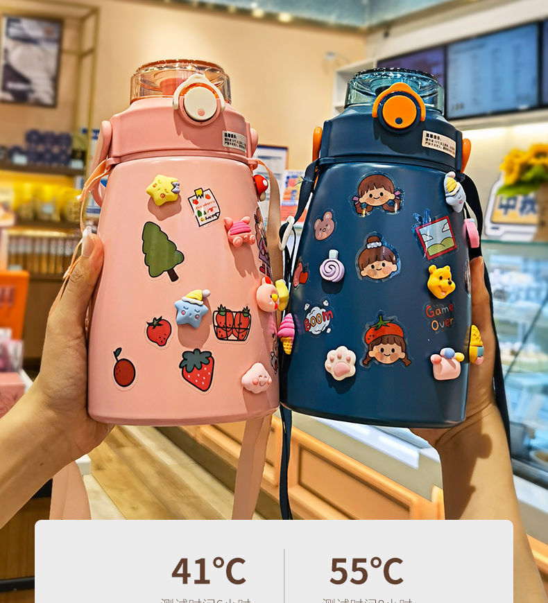 New 304 Stainless Steel Large Capacity Big Belly Cup with Rope Handle Outdoor Portable Thermal Insulation Kettle Cartoon Straw Water Bottle