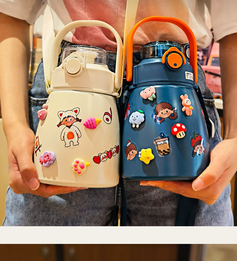 New 304 Stainless Steel Large Capacity Big Belly Cup with Rope Handle Outdoor Portable Thermal Insulation Kettle Cartoon Straw Water Bottle
