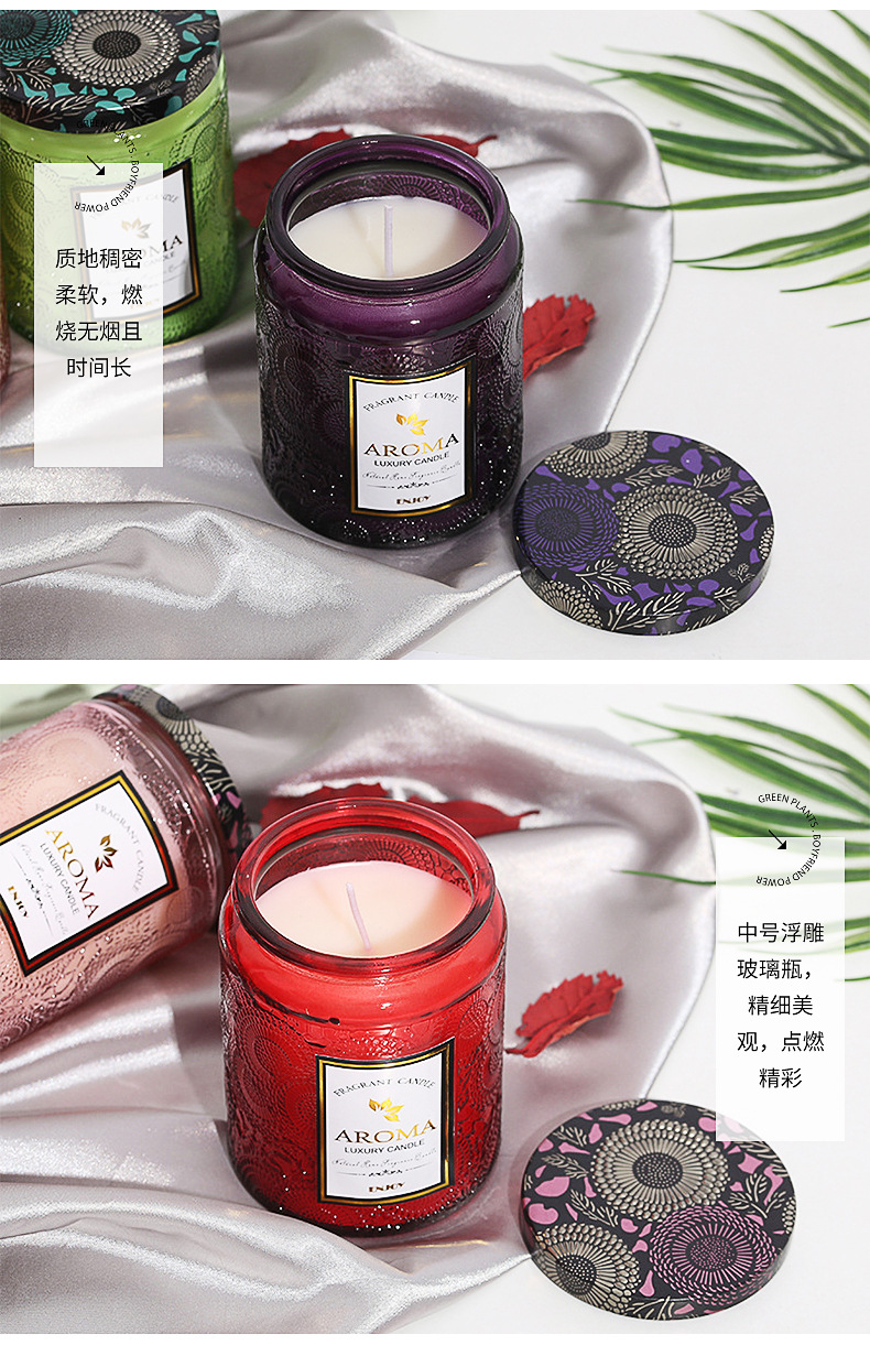 Factory Aromatherapy Candle Medium Relief Glass Bottle High-Grade Essential Oil Soy Wax Fragrance Candle Gift Creative Gift Box Factory Aromatherapy Candle Medium Relief Glass Bottle High-Grade Essential Oil Soy Wax Fragrance Candle Gift Creative Gift Box
