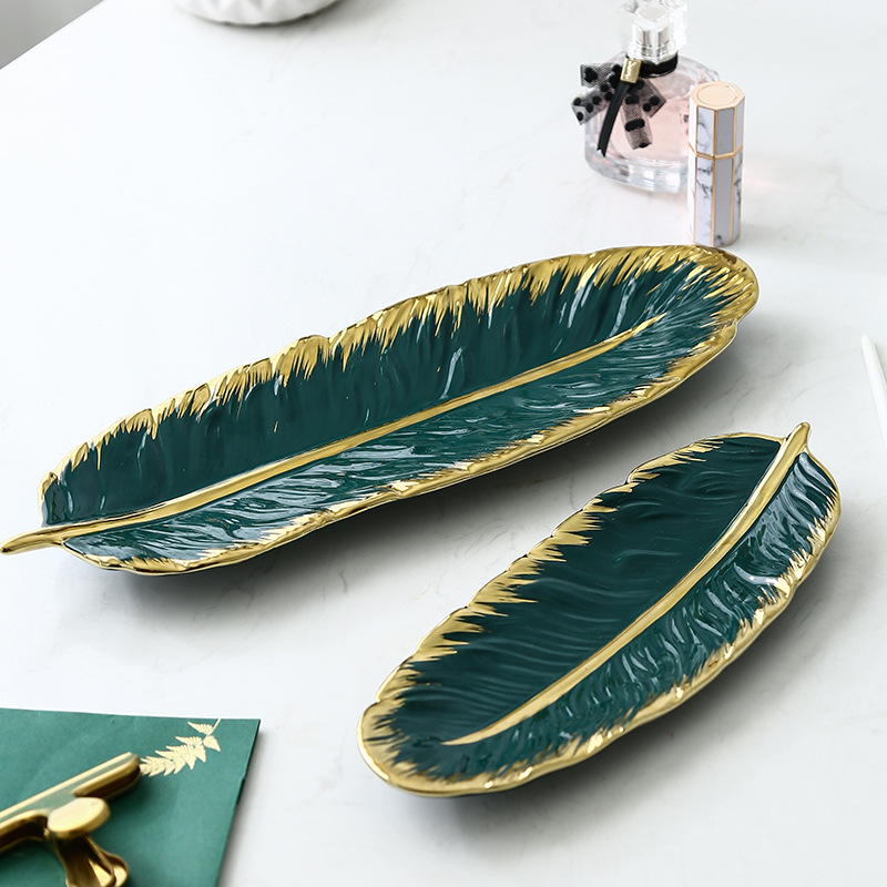 Nordic Golden Trim Creative and Slightly Luxury Ceramic Tray Dark Green Feather Plate Japanese Banana Leaf Fruit Dried Fruit Plate Storage Ceramic Dish