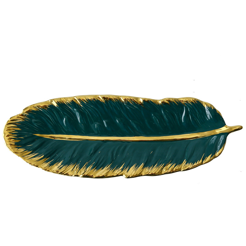 Nordic Golden Trim Creative and Slightly Luxury Ceramic Tray Dark Green Feather Plate Japanese Banana Leaf Fruit Dried Fruit Plate Storage Ceramic Dish