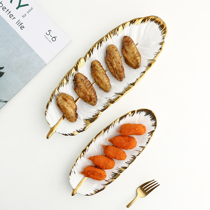 Nordic Golden Trim Creative and Slightly Luxury Ceramic Tray Dark Green Feather Plate Japanese Banana Leaf Fruit Dried Fruit Plate Storage Ceramic Dish