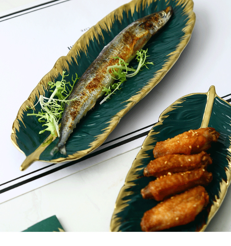 Nordic Golden Trim Creative and Slightly Luxury Ceramic Tray Dark Green Feather Plate Japanese Banana Leaf Fruit Dried Fruit Plate Storage Ceramic Dish