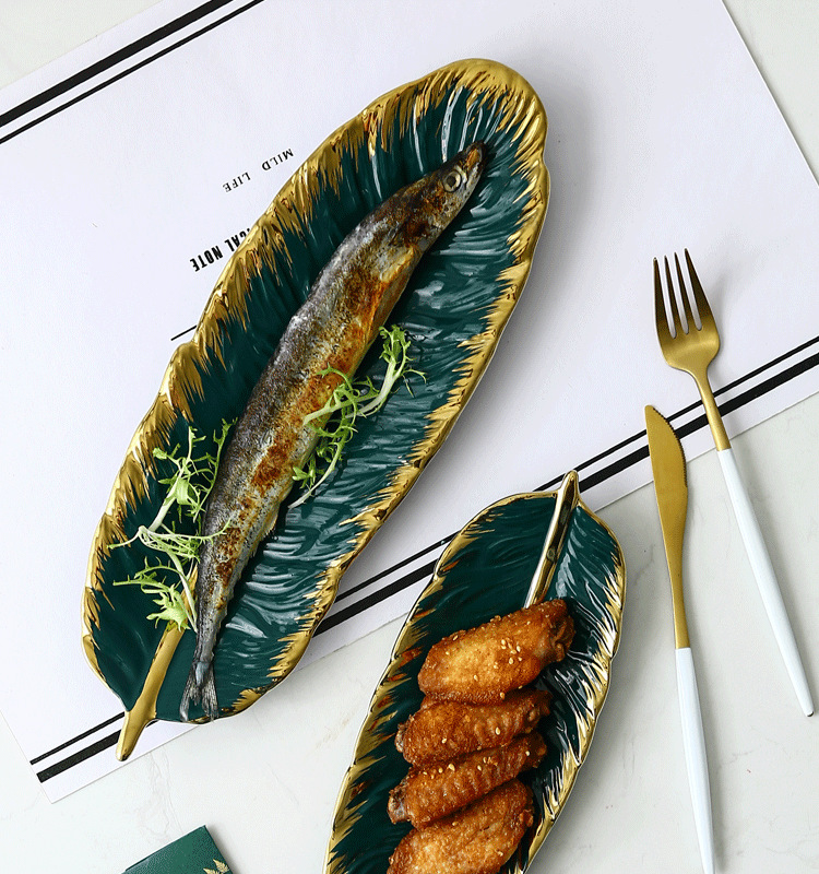 Nordic Golden Trim Creative and Slightly Luxury Ceramic Tray Dark Green Feather Plate Japanese Banana Leaf Fruit Dried Fruit Plate Storage Ceramic Dish