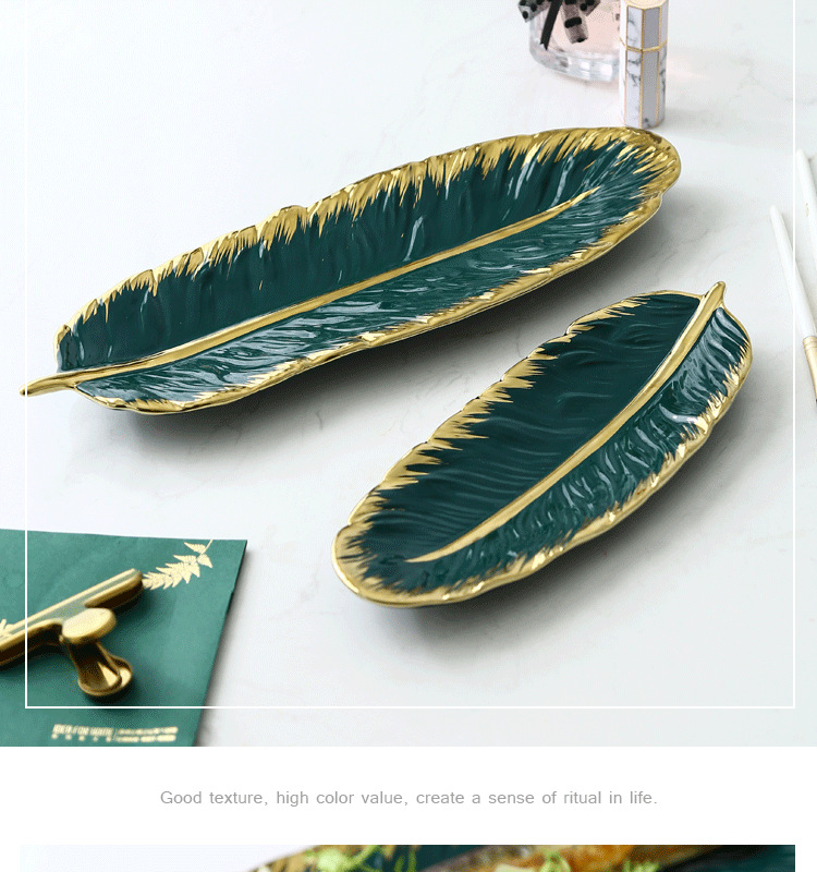 Nordic Golden Trim Creative and Slightly Luxury Ceramic Tray Dark Green Feather Plate Japanese Banana Leaf Fruit Dried Fruit Plate Storage Ceramic Dish