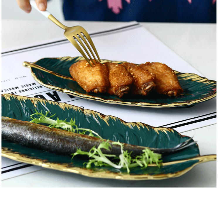 Nordic Golden Trim Creative and Slightly Luxury Ceramic Tray Dark Green Feather Plate Japanese Banana Leaf Fruit Dried Fruit Plate Storage Ceramic Dish