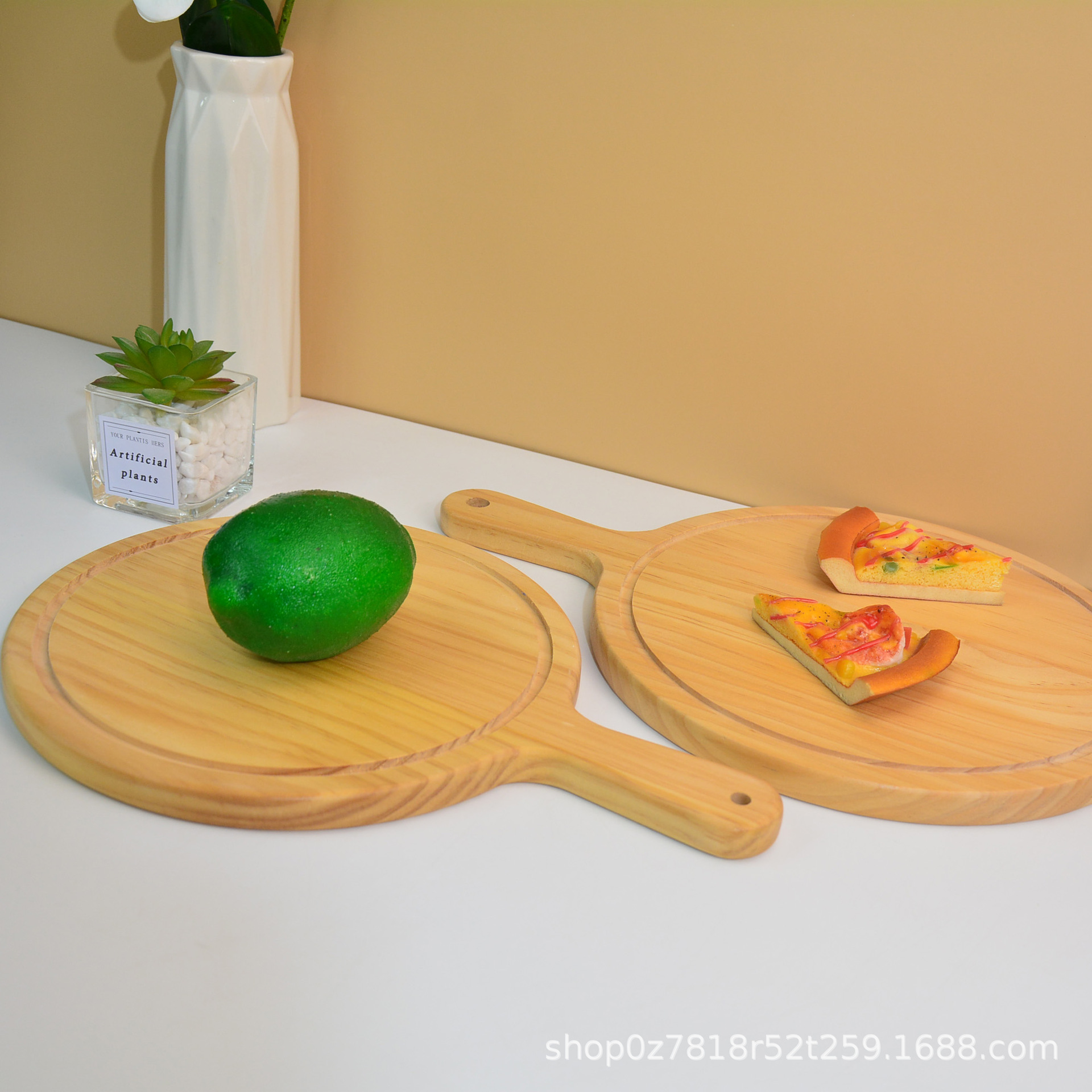 Japanese Style Wooden Tray and Dinner Plate with Handle Pizza Plate Steak Coffee Tableware round Plate Bread Fruit Plate