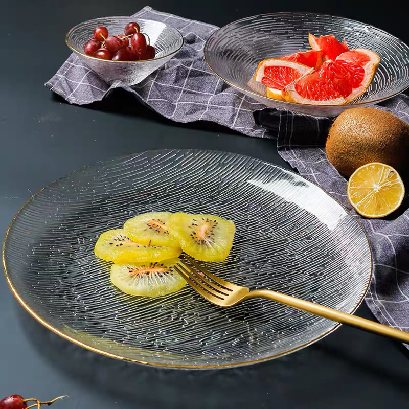 Nordic Golden Trim Household Glass Plate Salad Bowl Plate Dishes Steak Plate Western Cuisine Plate Dessert Plate Buffet Tray Nordic Golden Trim Household Glass Plate Salad Bowl Plate Dishes Steak Plate Western Cuisine Plate Dessert Plate Buffet Tray