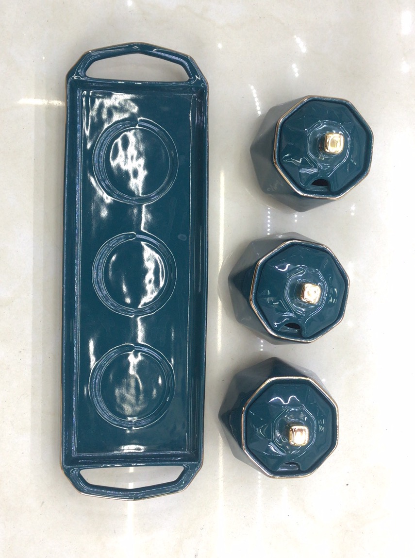 Ceramic Bright Green Gilt differjar with tray