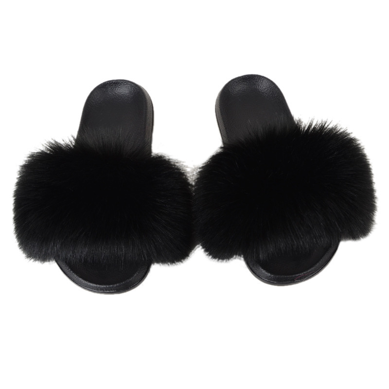 Amazon Faux Fox Fur Slippers Female Summer New Style Plush Slipper Faux Raccoon Fur Non-Slip Sandals
