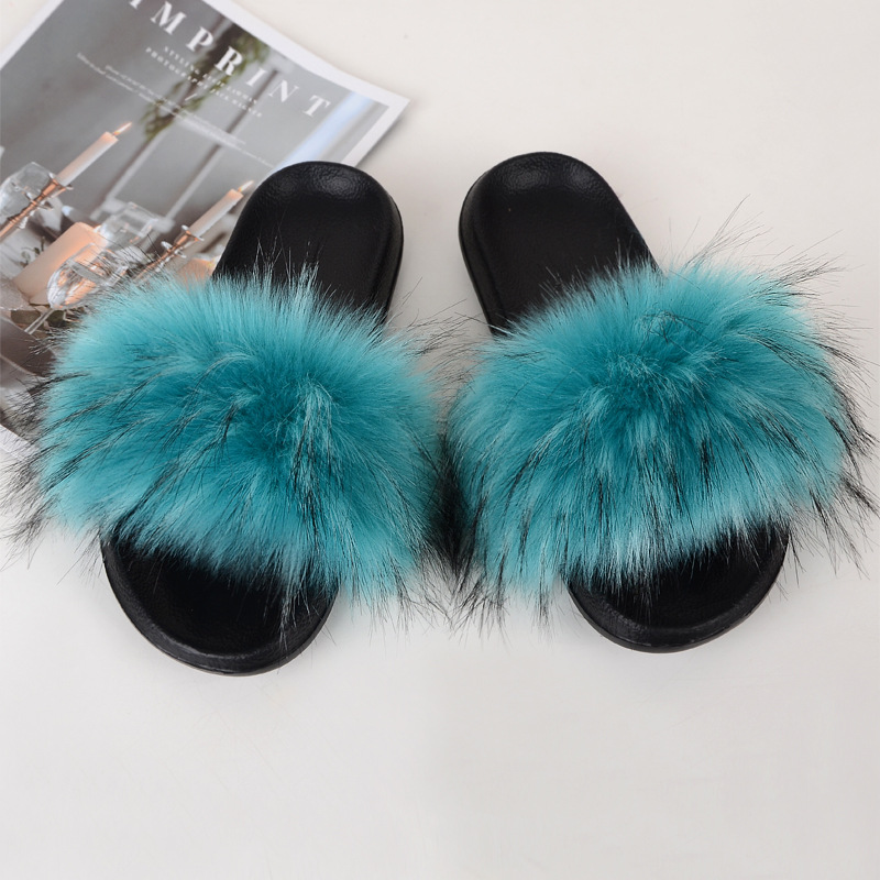 Amazon Faux Fox Fur Slippers Female Summer New Style Plush Slipper Faux Raccoon Fur Non-Slip Sandals