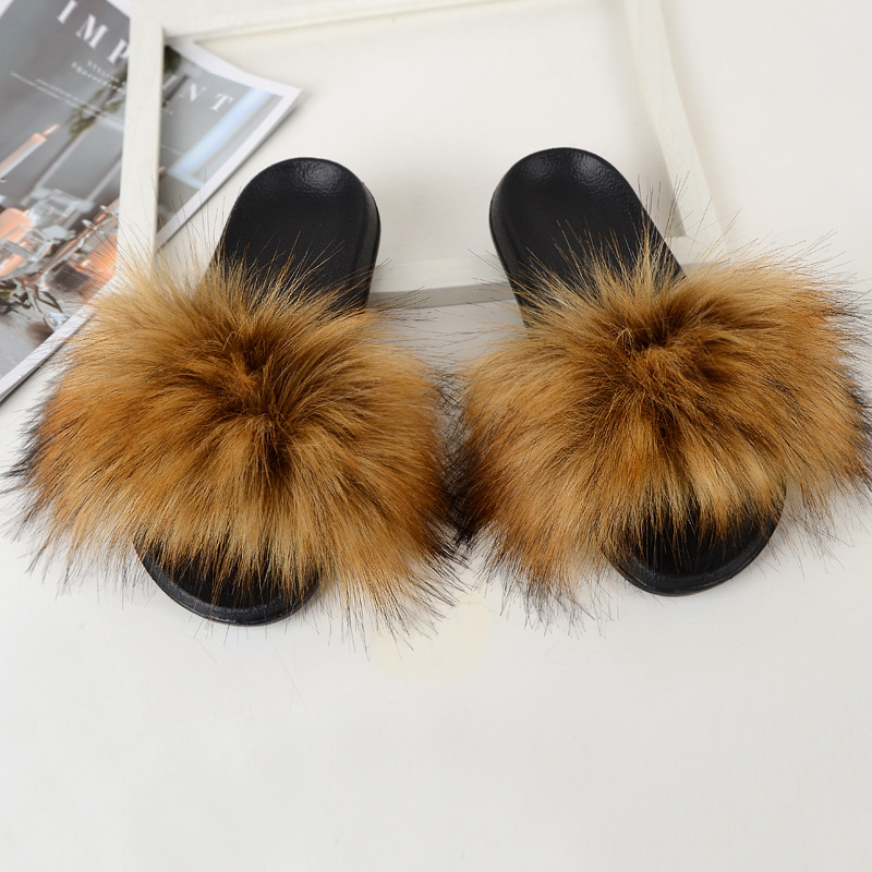 Amazon Faux Fox Fur Slippers Female Summer New Style Plush Slipper Faux Raccoon Fur Non-Slip Sandals