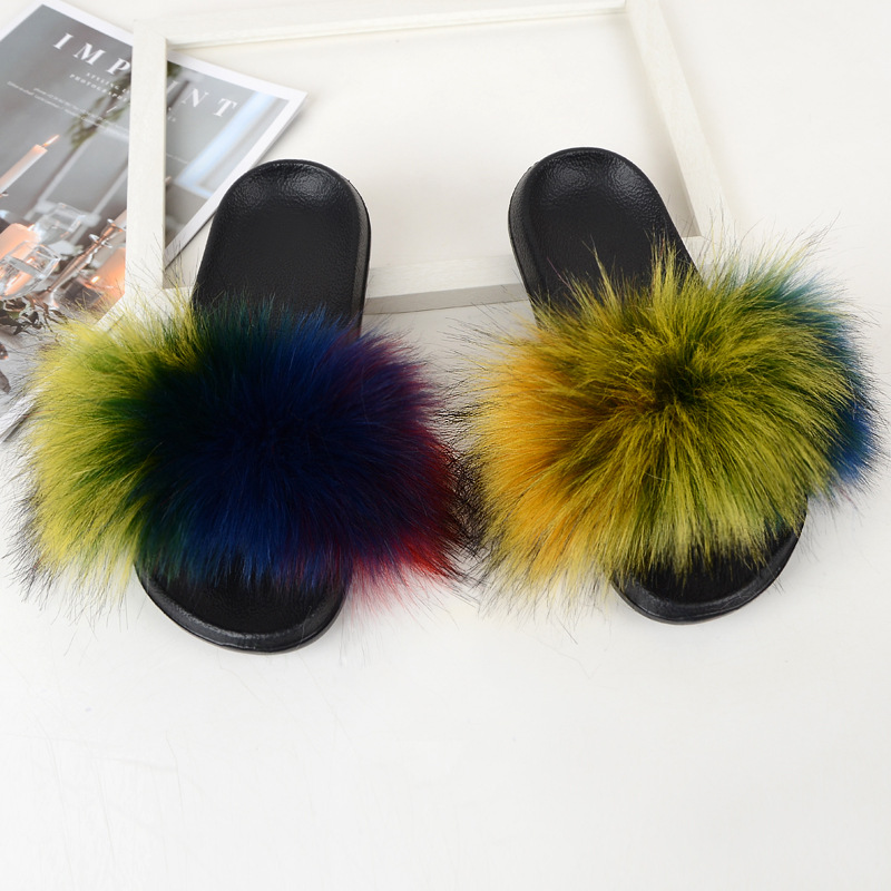 Amazon Faux Fox Fur Slippers Female Summer New Style Plush Slipper Faux Raccoon Fur Non-Slip Sandals