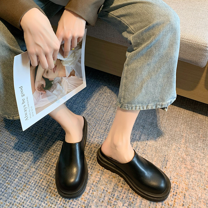 Spot 2021 European and American New Toe Cap Semi Slipper Women's round Head Thick Bottom PU Leather Slippers One Piece Dropshipping Spot 2021 European and American New Toe Cap Semi Slipper Women's round Head Thick Bottom PU Leather Slippers One Piece Dropshipping