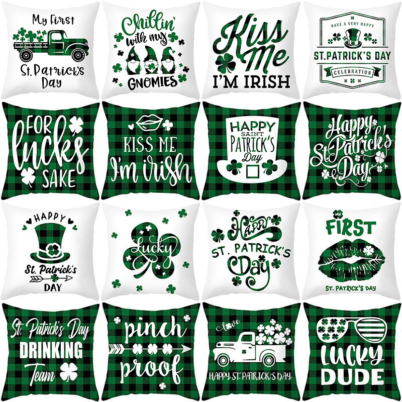 St Patrick&#039;s Day Pillow Cover Irish National Day Plaid Sofa Cushion Cover Peach Skin Fabric Printed Pillows Cross-Border