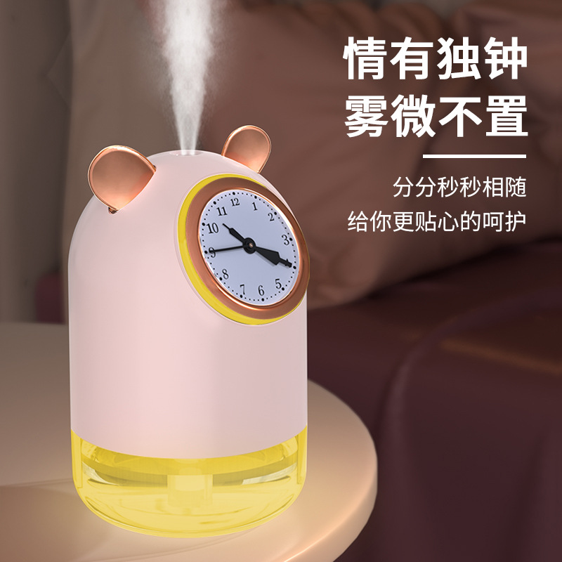 Large Capacity Double Spray Clock Humidifier Mini Household Small Hydrating Mute Student Night Light USB Humidifier