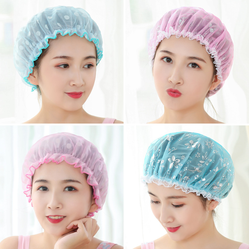 Korean fashion and cute waterproof shower cap adult ladies double wave point shower cap waterproof shower cap