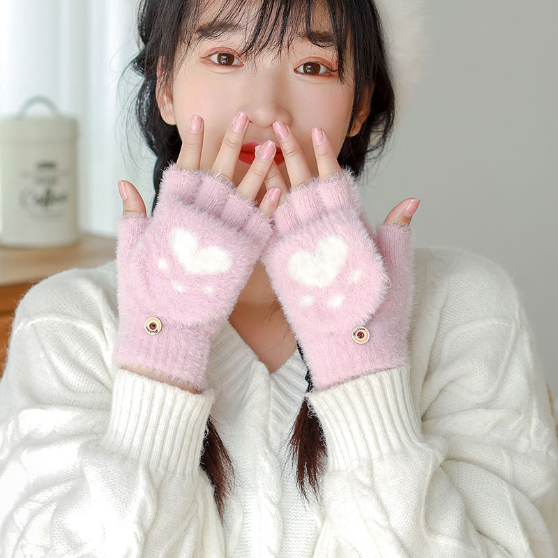Winter Warm Jacquard Touch Screen Gloves Mink Fur Bear Corner Printed Half Finger Gloves Outdoor Writing Knitted Gloves