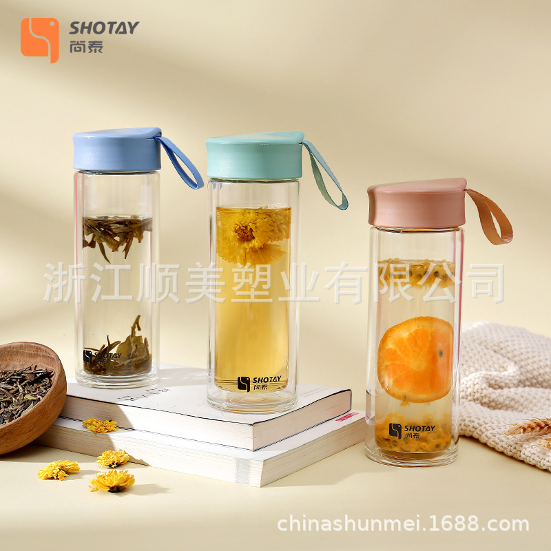 Shangtai Elegant Double-Layer Glass Clear Water Cup Fashion Men and Women Plastic Glass Cup Portable Office High Borosilicate New Product Promotion