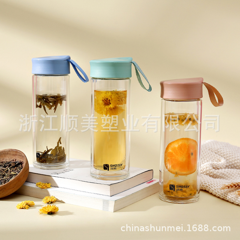 Shangtai Elegant Double-Layer Glass Clear Water Cup Fashion Men and Women Plastic Glass Cup Portable Office High Borosilicate New Product Promotion
