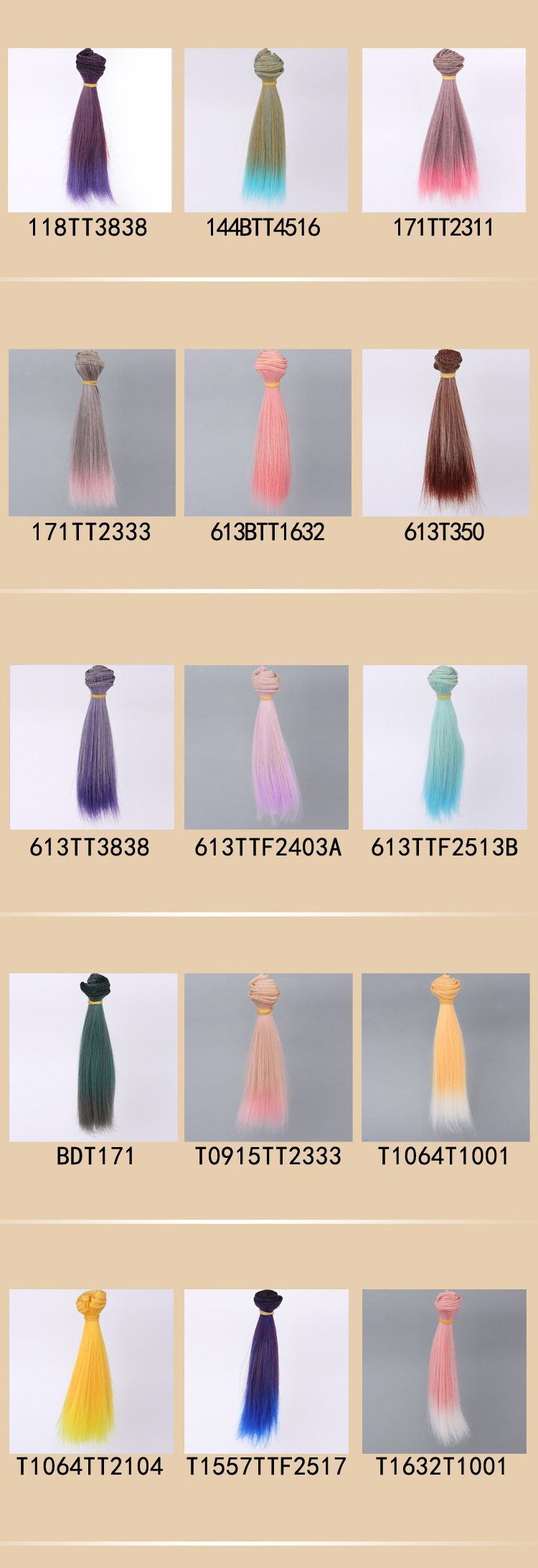 Overseas Direct Sales BJD SD Kurhn Doll High-Temperature Fiber Wig Hair Pack Straight Hair Gradient Multi-Color Thickened Hair 15cm