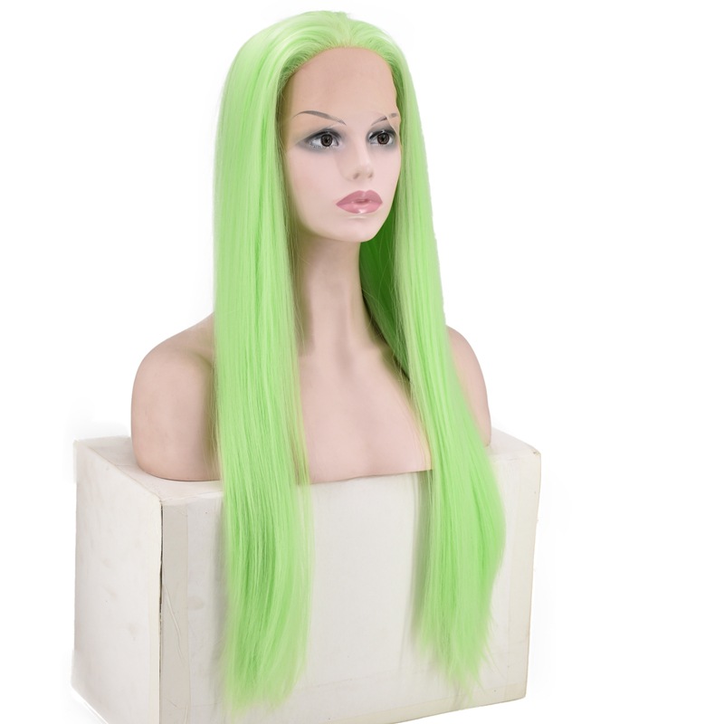 European and American Popular Women&#039;s Shawl Long Straight Hair Front Lace Chemical Fiber High-Temperature Fiber Half Hand Crocheting Green Long Straight Hair Wig