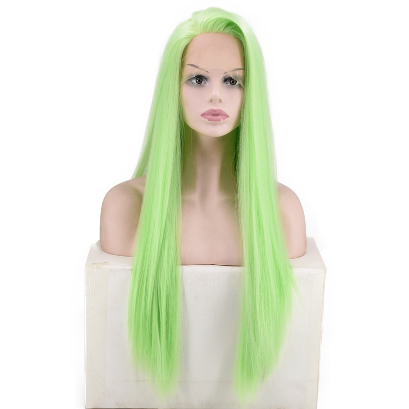 European and American Popular Women&#039;s Shawl Long Straight Hair Front Lace Chemical Fiber High-Temperature Fiber Half Hand Crocheting Green Long Straight Hair Wig