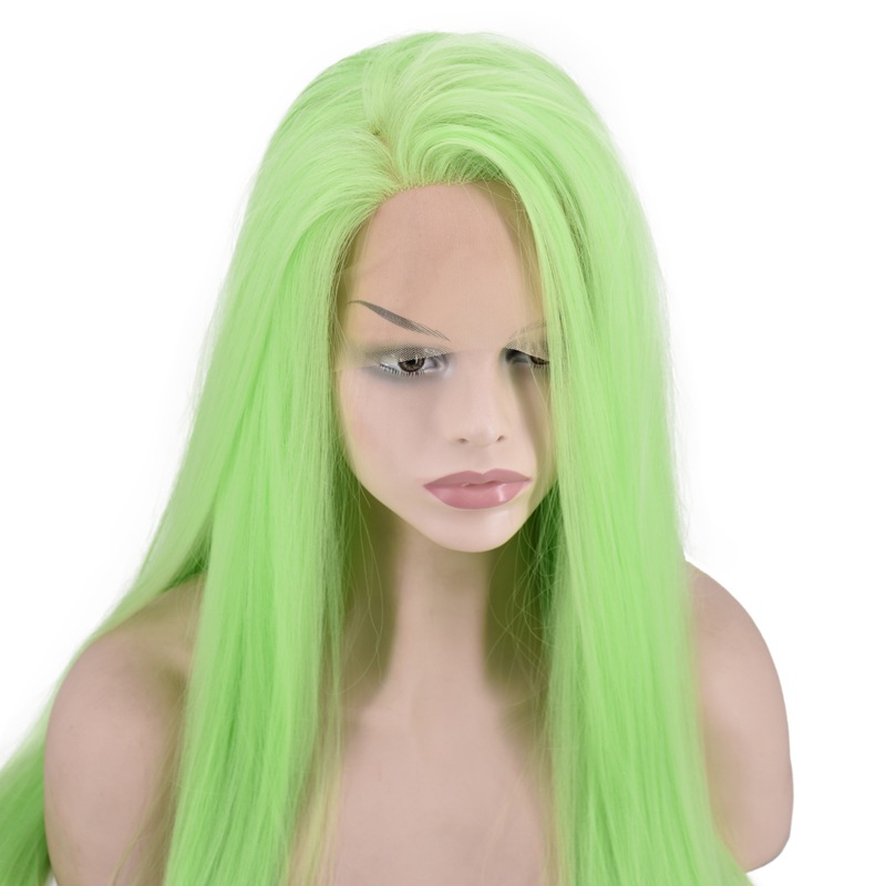 European and American Popular Women&#039;s Shawl Long Straight Hair Front Lace Chemical Fiber High-Temperature Fiber Half Hand Crocheting Green Long Straight Hair Wig