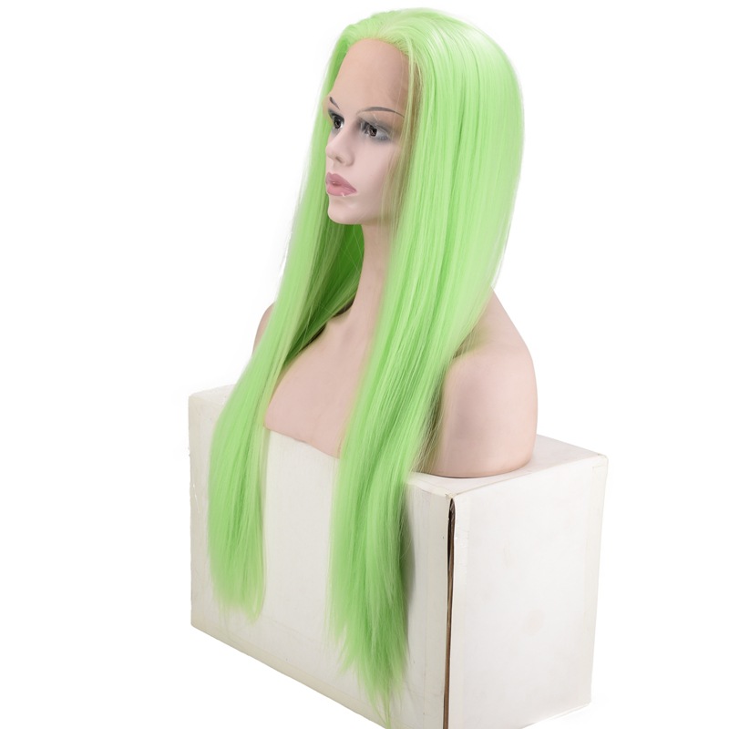 European and American Popular Women's Shawl Long Straight Hair Front Lace Chemical Fiber High-Temperature Fiber Half Hand Crocheting Green Long Straight Hair Wig