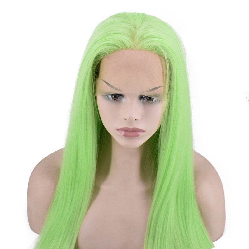 European and American Popular Women's Shawl Long Straight Hair Front Lace Chemical Fiber High-Temperature Fiber Half Hand Crocheting Green Long Straight Hair Wig