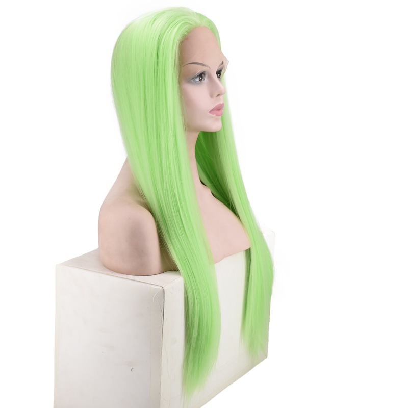 European and American Popular Women's Shawl Long Straight Hair Front Lace Chemical Fiber High-Temperature Fiber Half Hand Crocheting Green Long Straight Hair Wig