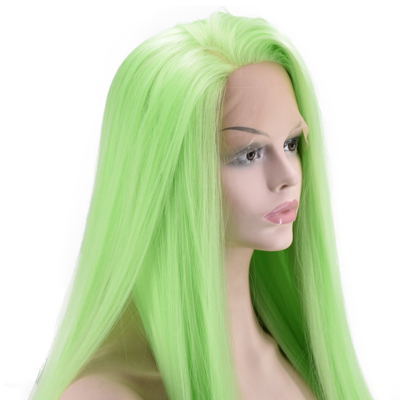 European and American Popular Women's Shawl Long Straight Hair Front Lace Chemical Fiber High-Temperature Fiber Half Hand Crocheting Green Long Straight Hair Wig