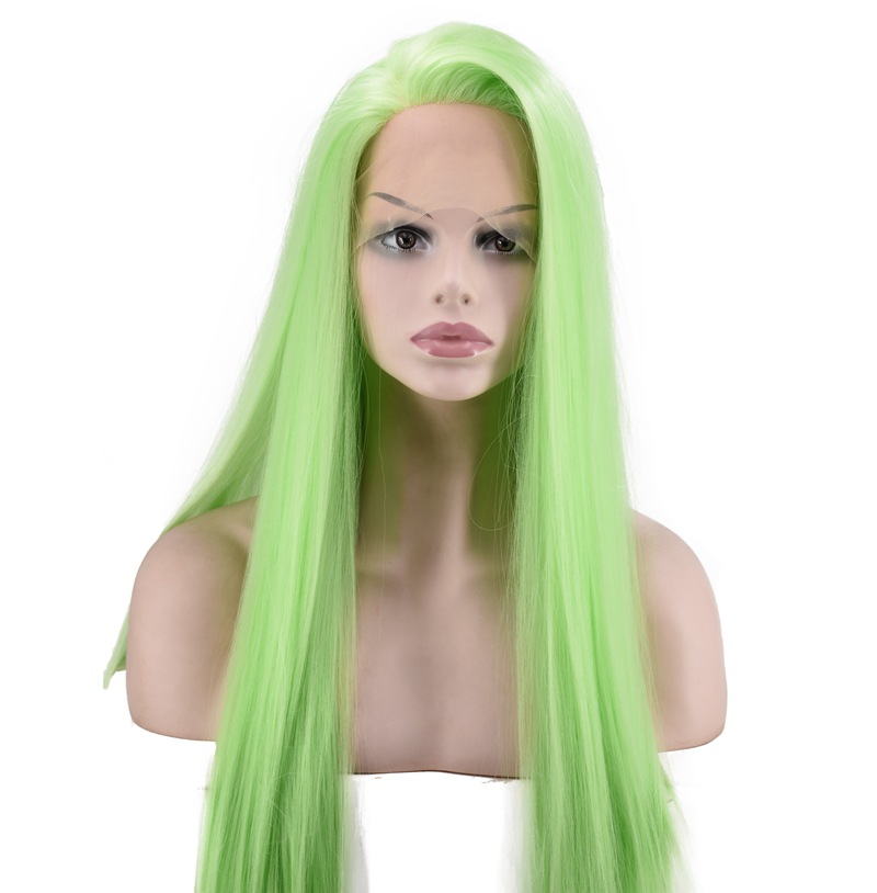 European and American Popular Women's Shawl Long Straight Hair Front Lace Chemical Fiber High-Temperature Fiber Half Hand Crocheting Green Long Straight Hair Wig