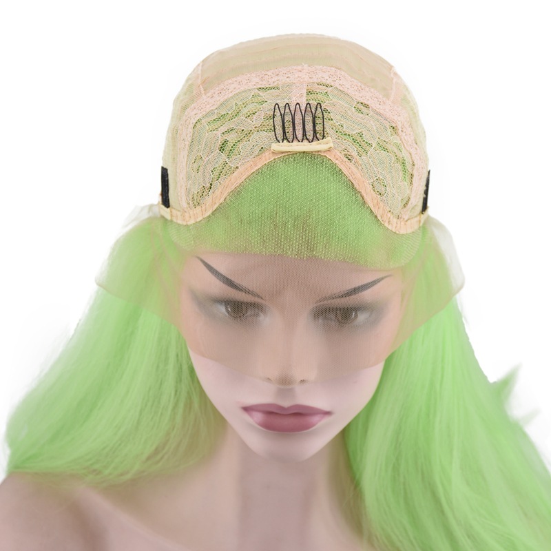 European and American Popular Women's Shawl Long Straight Hair Front Lace Chemical Fiber High-Temperature Fiber Half Hand Crocheting Green Long Straight Hair Wig