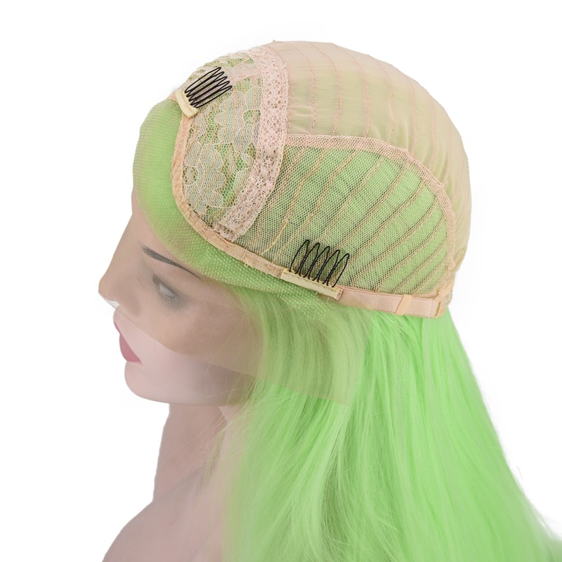 European and American Popular Women's Shawl Long Straight Hair Front Lace Chemical Fiber High-Temperature Fiber Half Hand Crocheting Green Long Straight Hair Wig