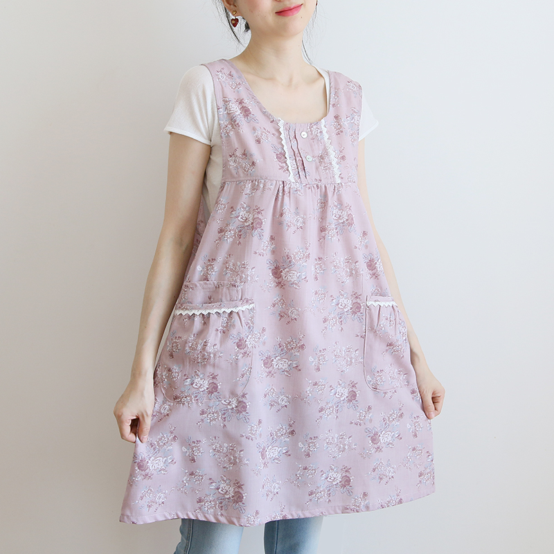 Korean Style Fashion Simple Apron Pastoral Floral Kitchen Antifouling Adult Work Clothes Overclothes Bib Sleeveless Apron