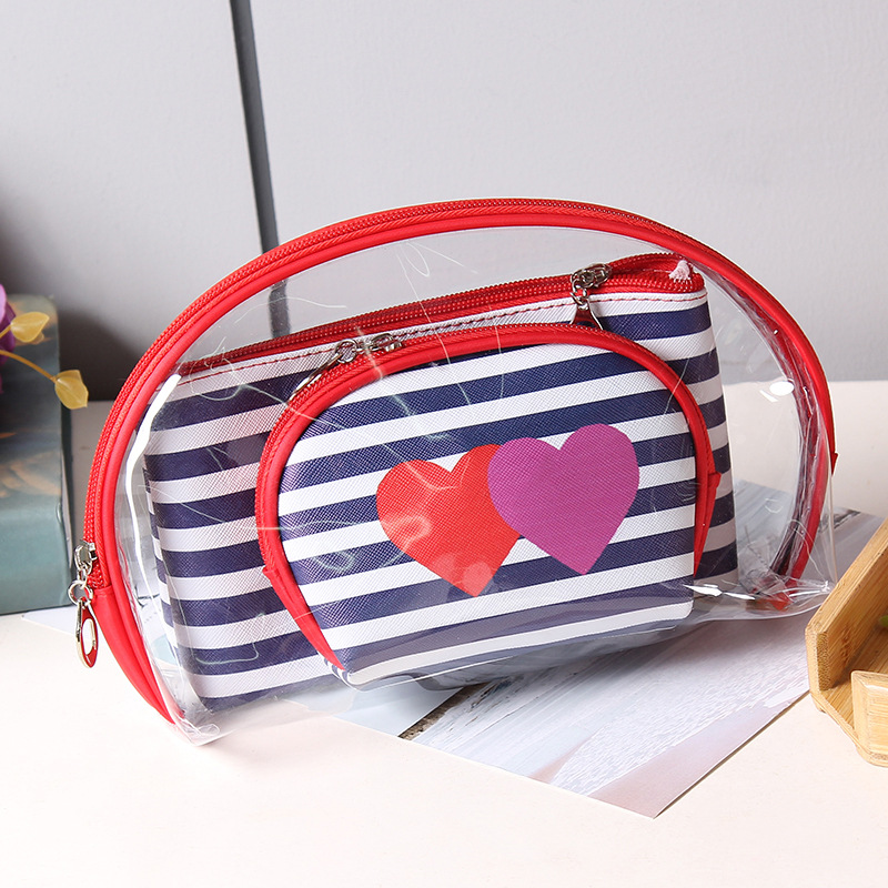 Korean PVC Three-Piece Set Cosmetic Bag Love Striped Women Bag Waterproof Wash Bag Storage Bag Clutch Korean PVC Three-Piece Set Cosmetic Bag Love Striped Women Bag Waterproof Wash Bag Storage Bag Clutch