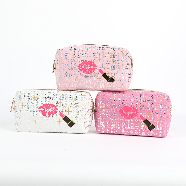 Suede Bronzing Cosmetic Bag European and American Hot Travel Toiletry Bag Lipstick Lip Pattern Type Waterproof Storage Bag Customized Wholesale
