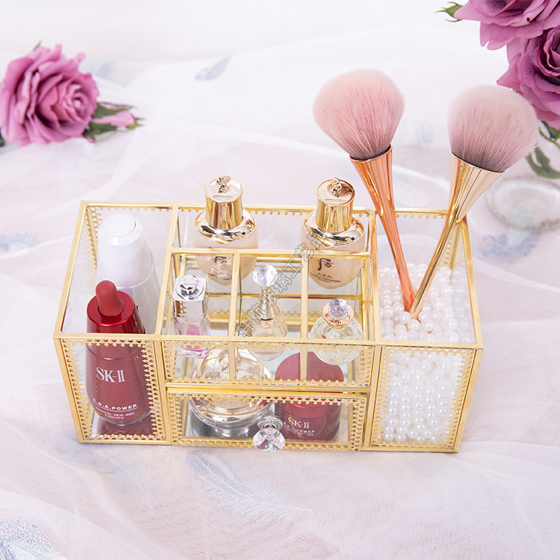 European-Style Internet Celebrity Nail Storage Box Dressing Table Cosmetic Brush Tube Glass Desktop Storage Rack Brush Skin Care Products