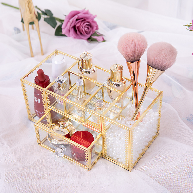 European-Style Internet Celebrity Nail Storage Box Dressing Table Cosmetic Brush Tube Glass Desktop Storage Rack Brush Skin Care Products